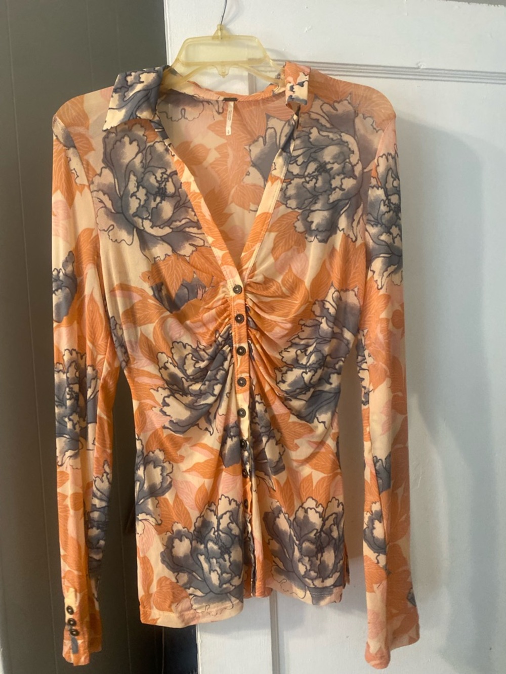 Free People Peach and Gray Floral Ruched Button-Front Long Sleeve Top
